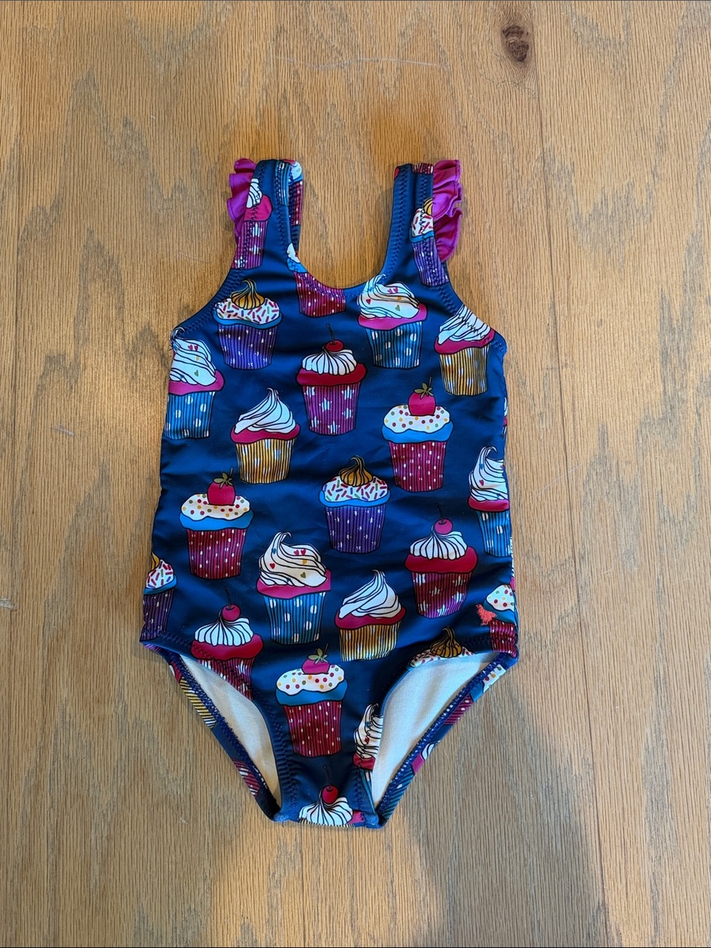 Pink Chicken Navy Cupcake Print One-Piece Swimsuit with Pink Ruffle Straps 12 mo